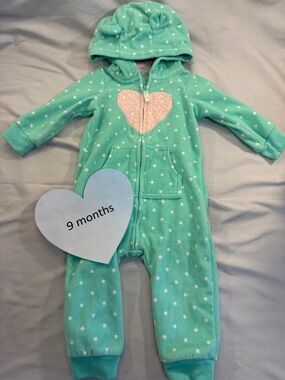 Carter's - 9M - Mint Green Polka Dot Fleece Hooded Onesie with Heart